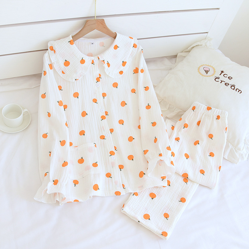 LJH白いミカンクレープドールネックパジャマ