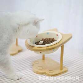 猫咪陶瓷碗高脚木架防打翻宠物碗陶瓷碗架高脚保护颈椎狗狗食盆碗