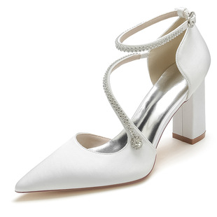 2025 Women's thick heel pointed toe flashing diamond strap wristband wedding shoes bride shoes bridesmaid shoes 22014-102E