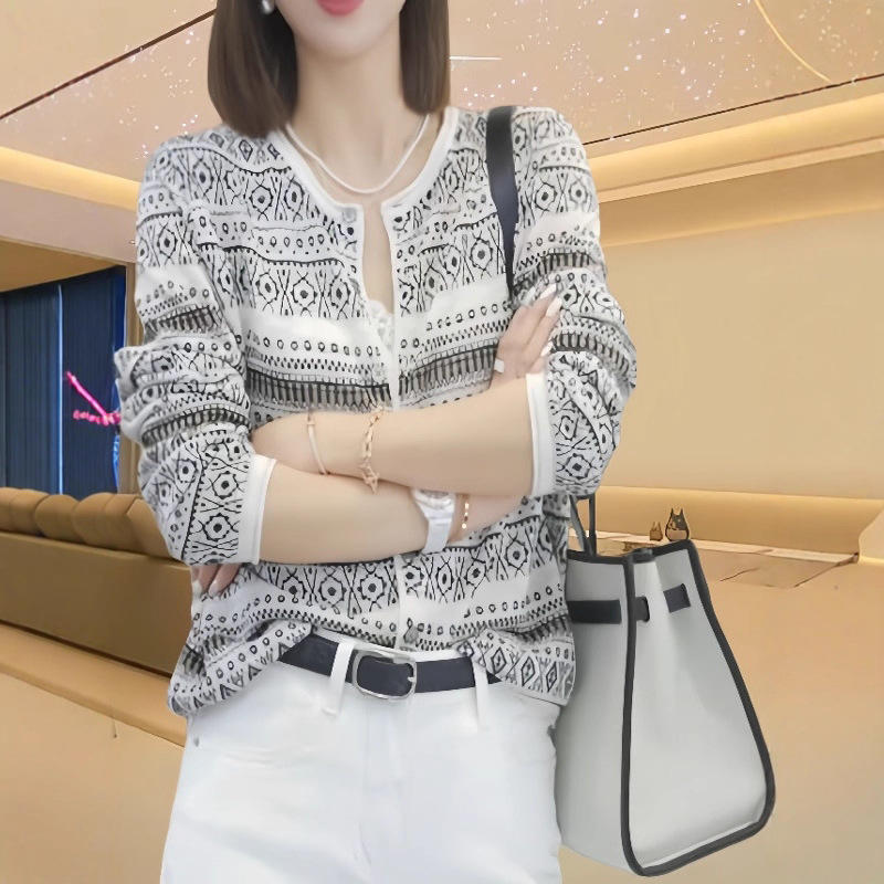 2025新款休闲百搭长袖提花针织开衫女装春秋欧货时尚洋气印花外套