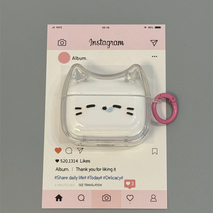 Защитный чехол (Apple) для AirPods 1/2/3/4 и Pro/Pro2/Pro3 — милый котик, прозрачный чехол с крючком, 25 г
