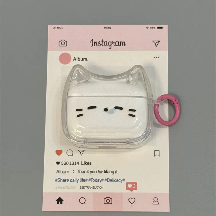 Защитный чехол (Apple) для AirPods 1/2/3/4 и Pro/Pro2/Pro3 — милый котик, прозрачный чехол с крючком, 25 г