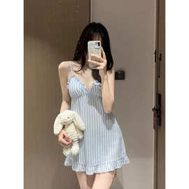 蓝白小众条纹吊带睡裙法式纯欲少女风顺滑亲肤氛围感女生居家睡裙