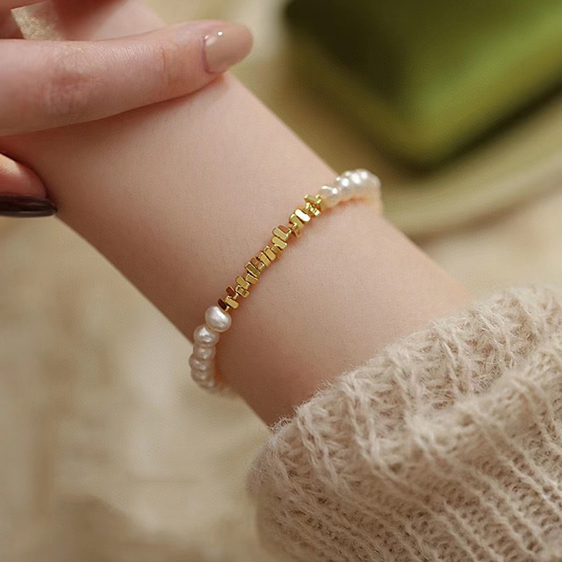 天然淡水珍珠碎金子手链女生轻奢小众设计14k注金2023新款手饰品