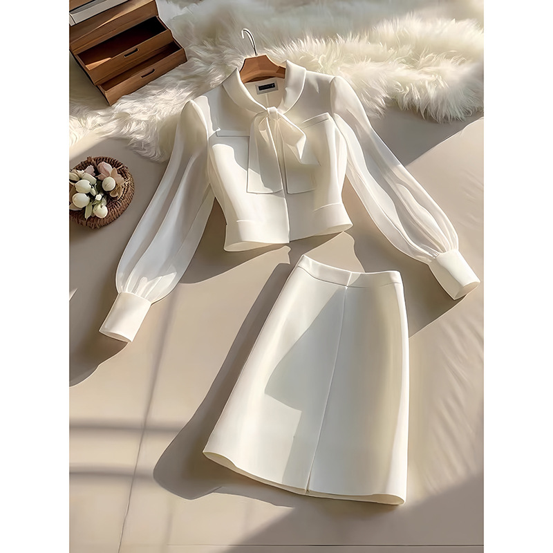 Dammekleeder Moud Kostüm sanft Temperament Schleife Langärm Hemd Rock Kostüm_voghion.com
