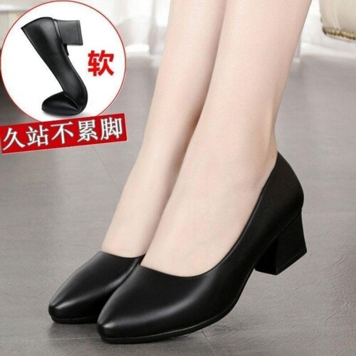 Thick-heeled shoes for mothers, women's single shoes, real soft leather work shoes, soft soles, comfortable shallow mouth small leather shoes, spring and autumn middle-aged women's shoes
