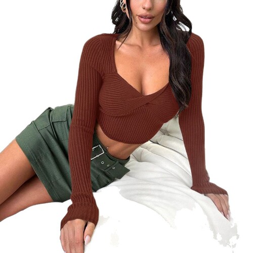 Eurasian autumn new women's knit long-sleeved short top with sexy exposed waist design, trendy fashion top for girls