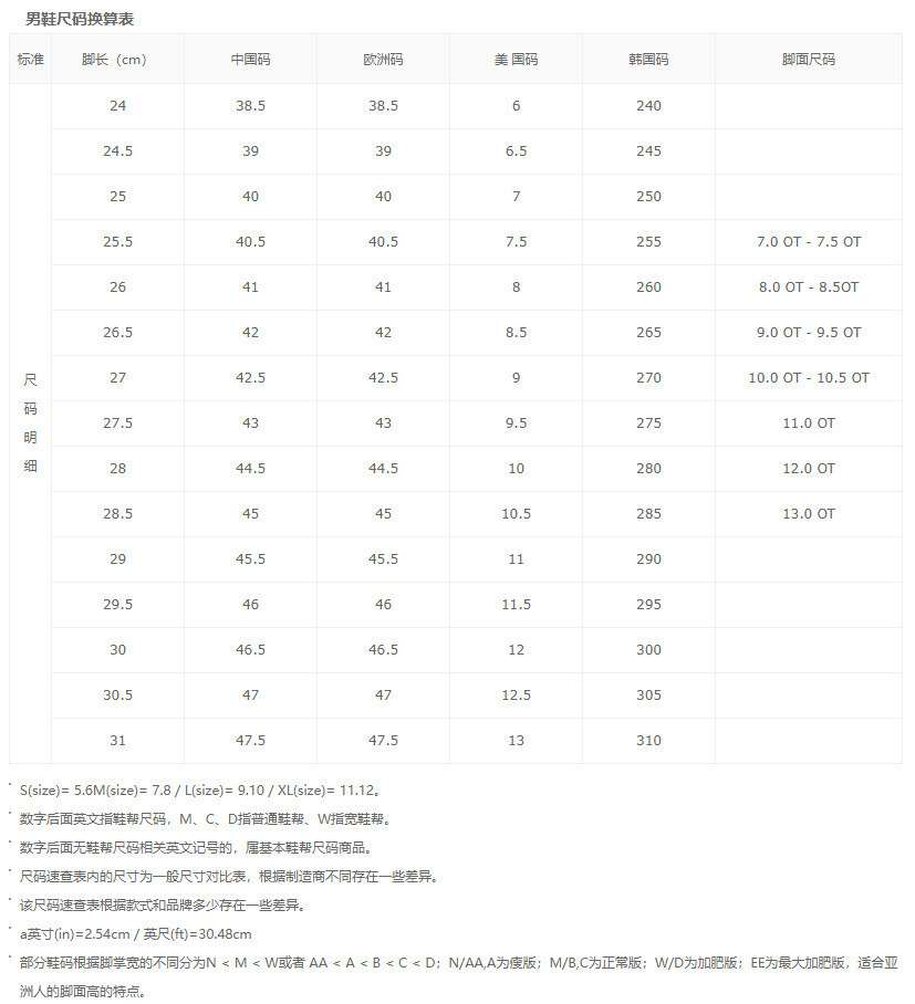 尺码表2