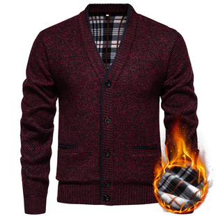 Foreign Trade Autumn and Winter New Men's Casual V-neck Sweater Jacket Men's Korean-style Slim-fit fleece-lined Knitted Cardigan Jacket
