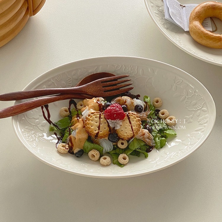 Ins Oval French Retro Relief Pattern High-End Salad Deep Plate Versatile Large-Capacity Ceramic Plate Fish Plate