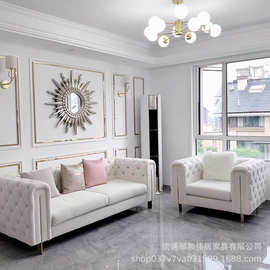 美式轻奢布艺拉扣沙发别墅客厅现代简约小户型绒布靠背休闲沙发