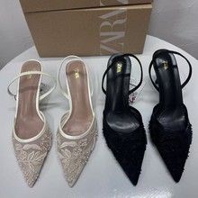 ZA2024年秋季新款后绊带气质细高跟鞋尖头包头刺绣串珠网面凉鞋女