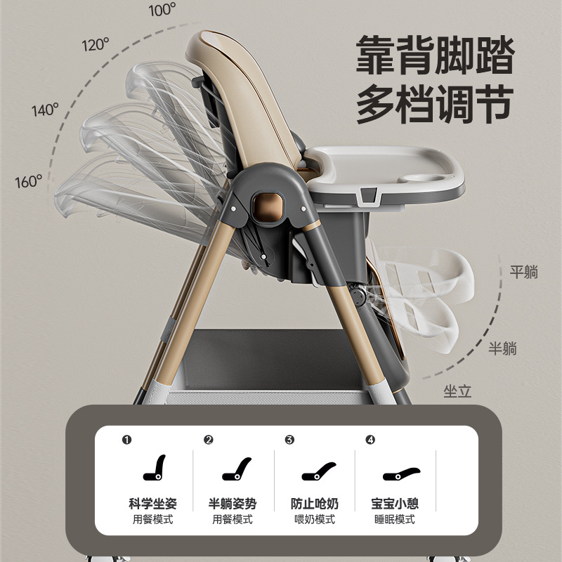 Baby High Chair, Infant Home Use Dining Table Chair, Foldable Sit and Lie Down Multifunctional Adjustable Children Portable