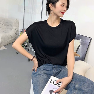 莫代尔短袖t恤女春夏新款甜美宽松大码打底衫外穿蝙蝠衫上衣批发