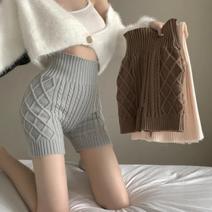 Tight elastic high waist knitted shorts women's autumn and winter anti-exposure outerwear pants bottoming warm wool pants