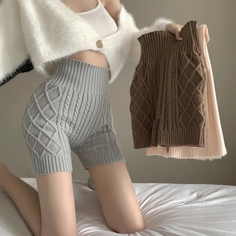 Tight elastic high waist knitted shorts women's autumn and winter anti-exposure outerwear pants bottoming warm wool pants