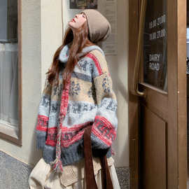 韩版牛角扣宽松型开衫毛衣外套女秋中长款格子加厚圣诞风针织外套
