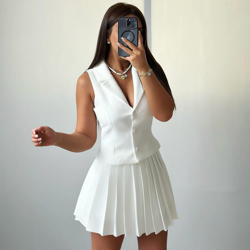 African Spring/Su New European American Women's Outfit: Sleeveless Vest And Pleated Short Skirt Two-Piece Set For_ecoleips.com
