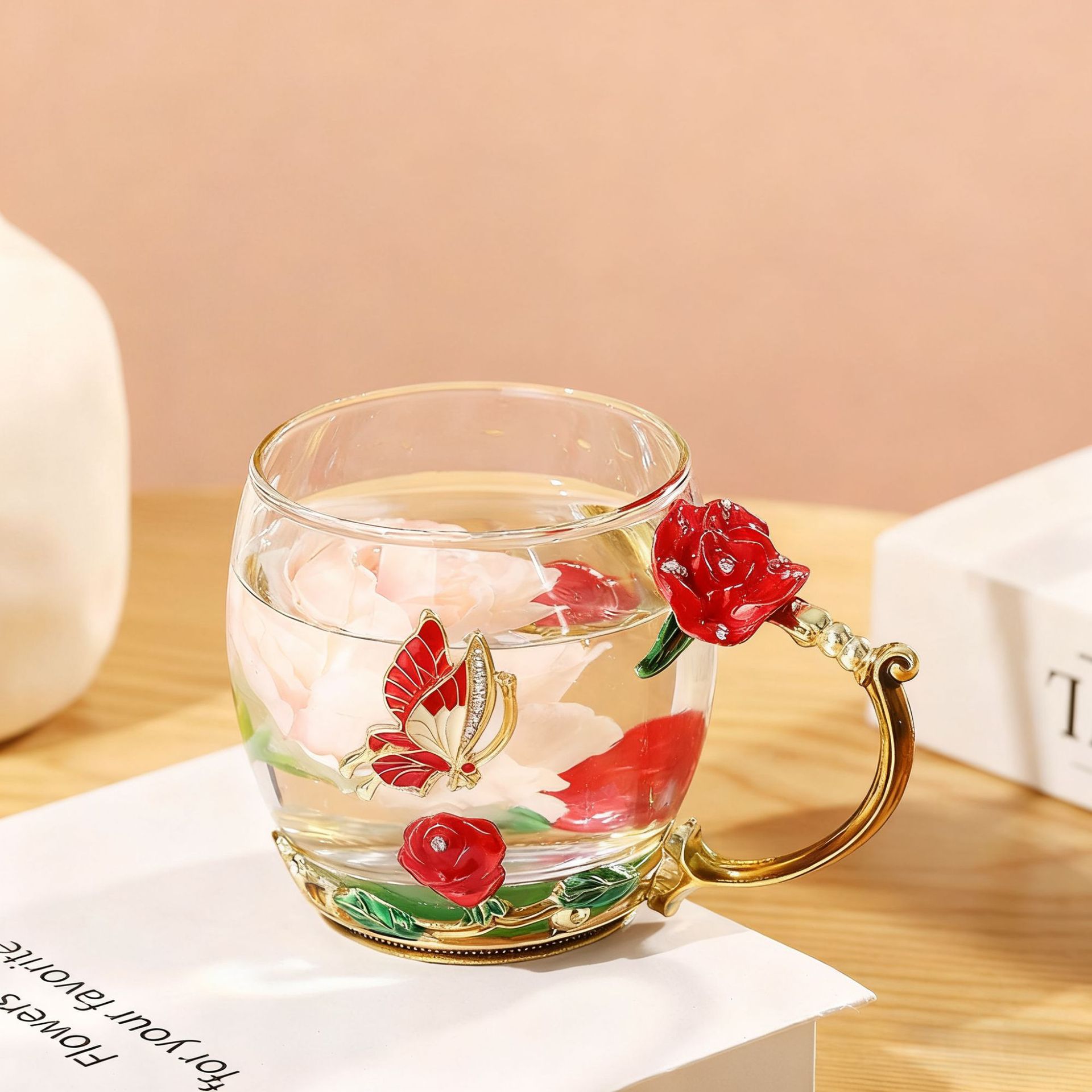 Taza de té con cubierta de flores creativa sala de estar taza de agua de desayuno de lujo taza de leche de esmalte de color taza de café de mujer taza de vidrio casero
