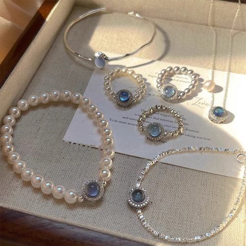 925 Pure Silver Aquamarine Natural Freshwater Pearl Ring Bracelet and Necklace Set for Women - Unique, High-End, Light Luxury, Versatile
