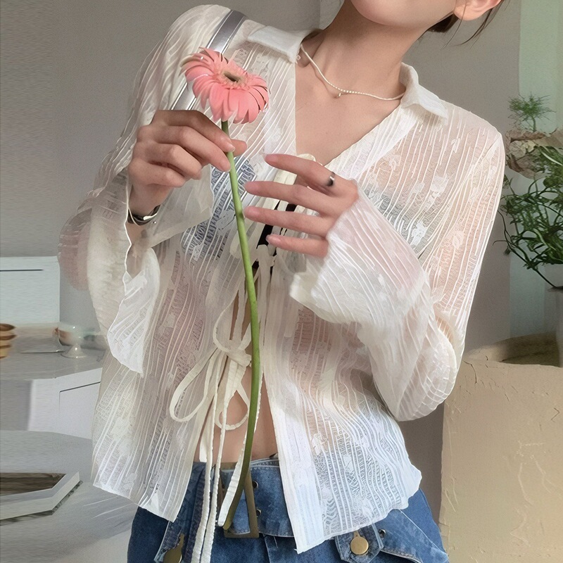 European and American Cross-Border Summer Niche Style Slim-Fit Short Cardigan with Tie Design and Bell Sleeves in Solid Color European and American Cross-Border Summer Niche Style Slim-Fit Short Cardigan with Tie Design and Bell Sleeves in Solid Color