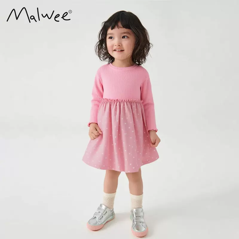 跨境malwee女童连衣裙秋冬新款公主裙圆领长袖洋气小女孩休闲裙子