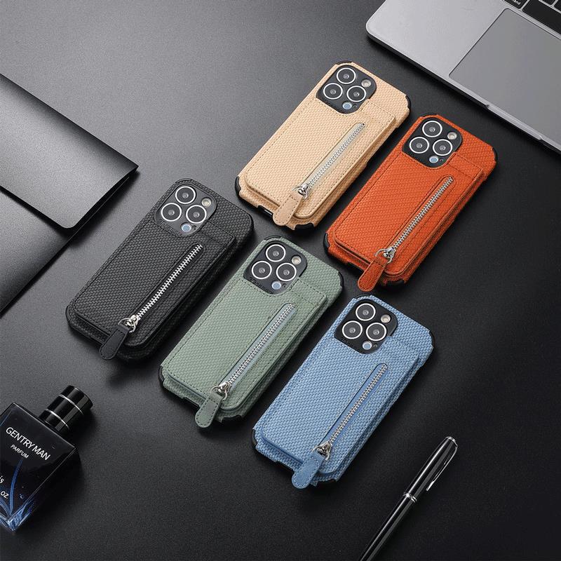 Suitable for Apple 14 Carbon Fiber Pattern Card Bag XR Phone Case Bracket Zipper Bag Card iPhone13 Protective Cover