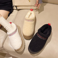 加絨保暖懶人一腳蹬女式棉鞋女厚底包頭半拖鞋大碼2023年秋冬圓頭