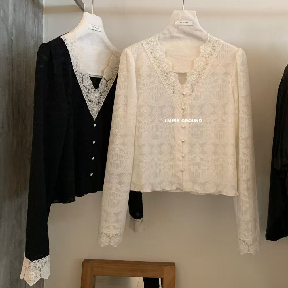 imiss 韩标！仙仙儿蕾丝温柔优雅女修身2025新款秋季花气质边小衫