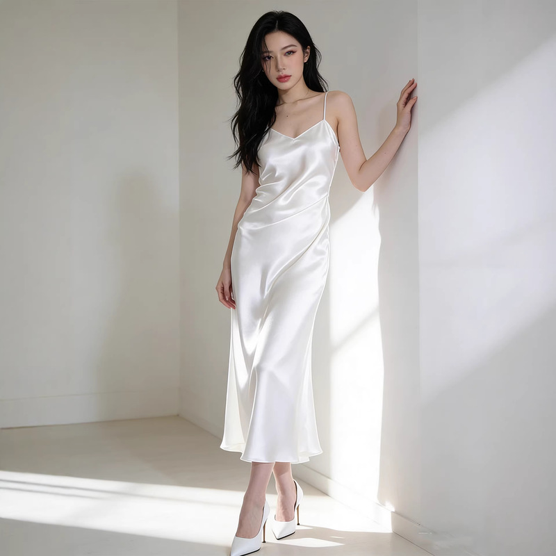 High-End Acetate Satin French V-Neck Slim-Fit Slimming Slip Dress, Elegant and Smooth Flowing Dress with a Luxurious Feel