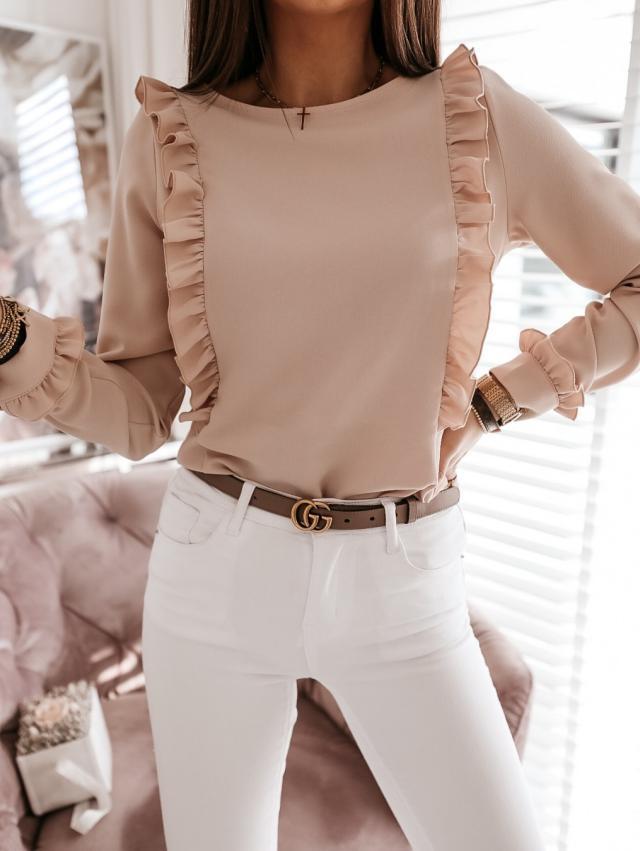 Pleated Wooden Ear Trim Back Button Decorated Long Sleeve Shirt NSYF65914