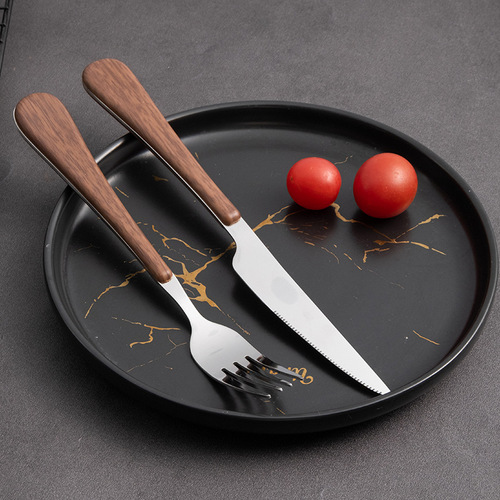 1010 clamp handle tableware, wood grain tableware set, cross-border new hotel supplies, thickened steak knives, forks and spoons wholesale