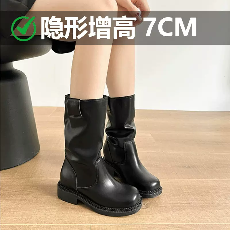 牛皮版~复古极简内增高烟筒靴女2024新款中筒靴厚底骑士靴时装靴