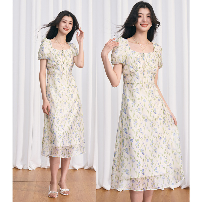 [Shengdu] Big Sale Summer Elastic Puff Sleeve Waist Printed Pink Mid-Length Dress for Women
