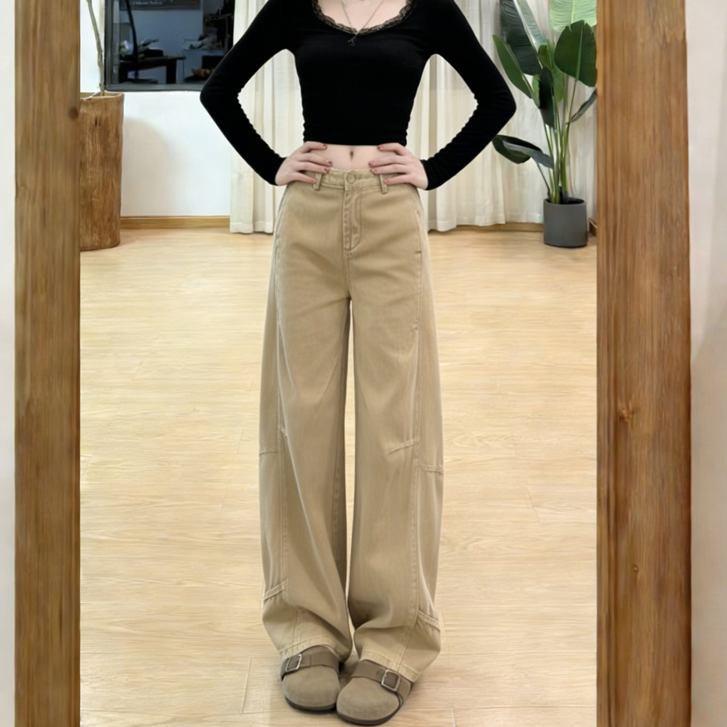 Quần jean kaki nữ ống rộng dáng suông kiểu Mỹ — màu kaki chi tiết 2