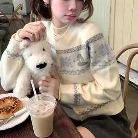 复古费尔岛毛衣女2025秋冬韩系氛围感穿搭宽松慵懒风针织开衫上衣