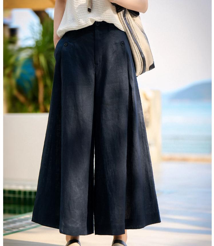 Quần culottes nữ ống rộng chất liệu linen mát mẻ mùa hè — Xanh lông mòng đen, màu trắng, màu mơ chi tiết 7