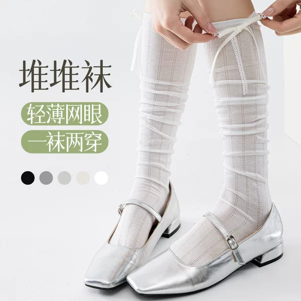 Summer Thin Calf Socks for Women, Ballet Style, Sweet Bowknot, Mesh Breathable Jk Long Socks, Japanese Style Slouch Socks
