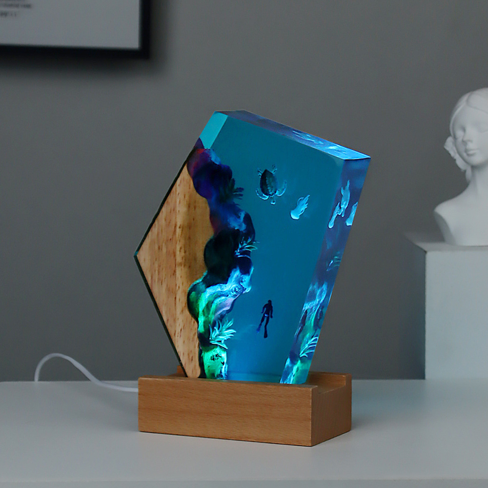  Ocean Resin Nightlight Handmade 3D Crystal Ornaments Creative Solid Wood Epoxy Resin Crafts