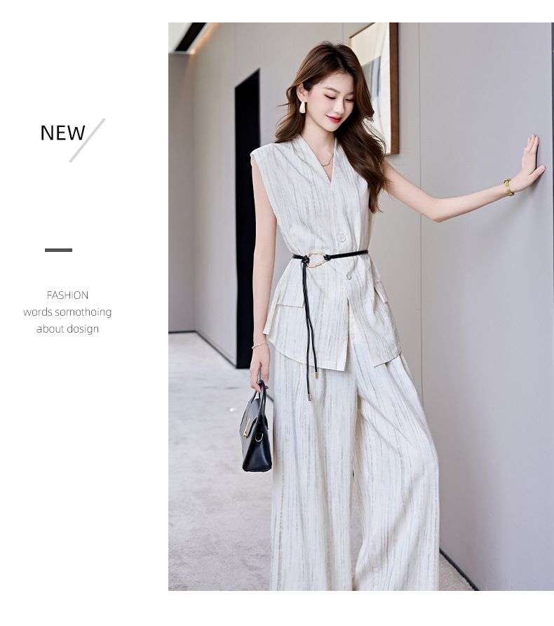 Bộ vest nữ không tay quần ống rộng cao cấp mùa hè 2025 – Áo khoác vest không tay kết hợp quần ống rộng hai mảnh HR1170 — Màu đen, Màu trắng be chi tiết 12