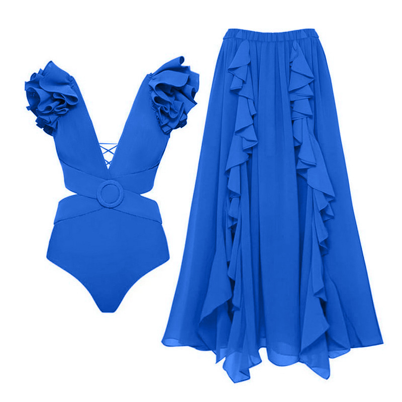 385g Weight Polyester Fabric Type One-pieces Tops Type Fitness, Swimming Occasion Solid Color, Flower Pattern Women's Gender Women's Elegant Lady Solid Color Flower 2 Pieces Set One Piece Swimwear 23