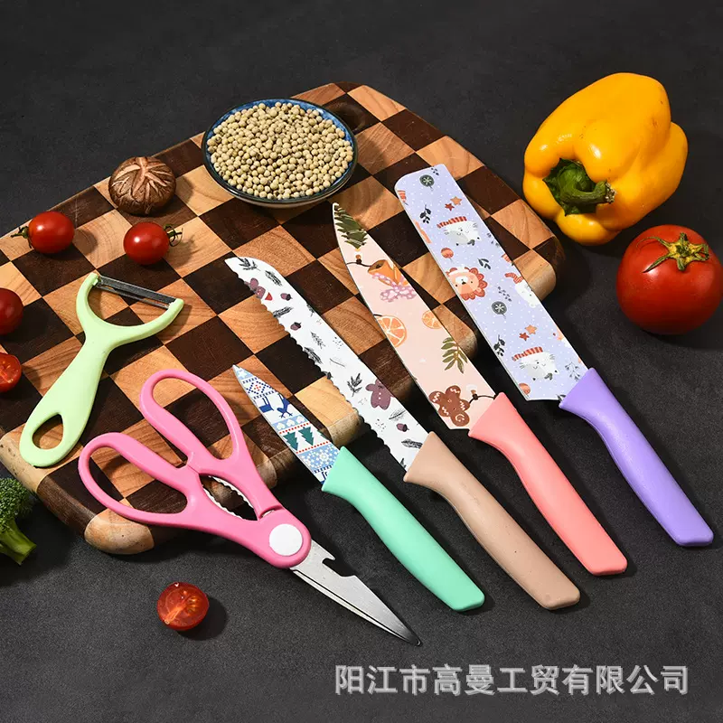 工厂现货批发不锈钢印花圣诞礼物款六件套厨房用刀剪彩盒装刀具