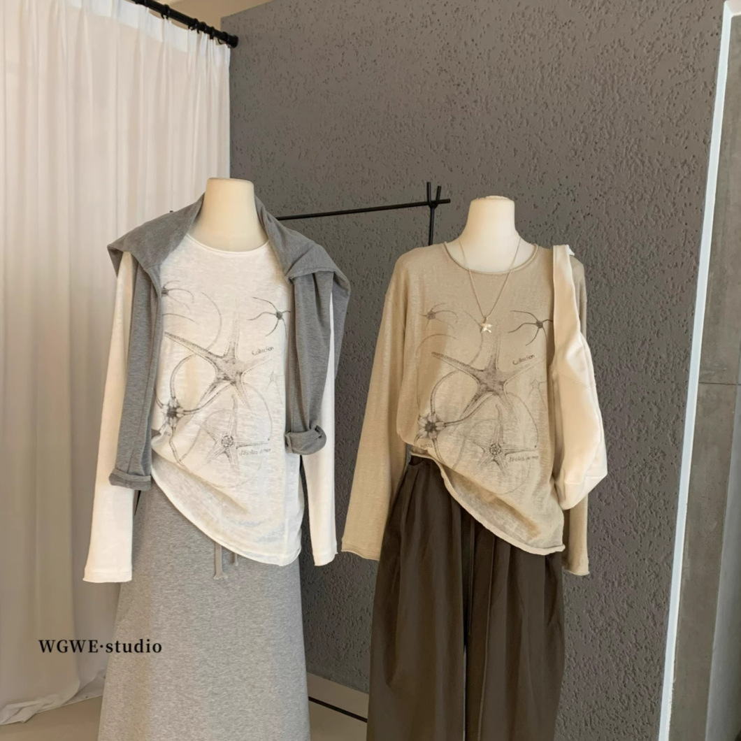 Wgwe7991 Guangzhou Thirteen Lines Women's Early Autumn New Style Small Printed Long Sleeve T-Shirt Lazy Style Top