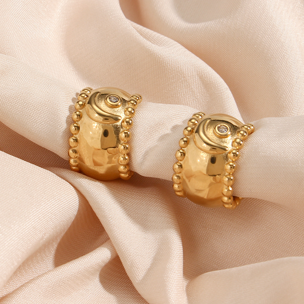 Fashion Geometric Retro 18K Gold Moon Zircon Thick Stainless Steel Earrings