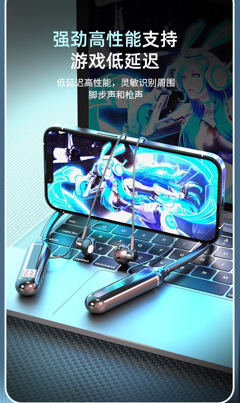 Neckband Bluetooth Earphone with Battery Display, Wireless Neck-Mounted Bluetooth Headset 5.3, Sports Dual-Battery Ultra-Long Standby Earphone