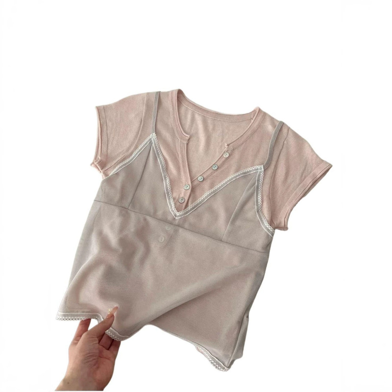 Summer Half-Buttoned Henry Collar Slim-Fit Short-Sleeve T-Shirt for Women, New Style Camisole Short Two-Piece Set Ins Summer Half-Buttoned Henry Collar Slim-Fit Short-Sleeve T-Shirt for Women, New Style Camisole Short Two-Piece Set Ins