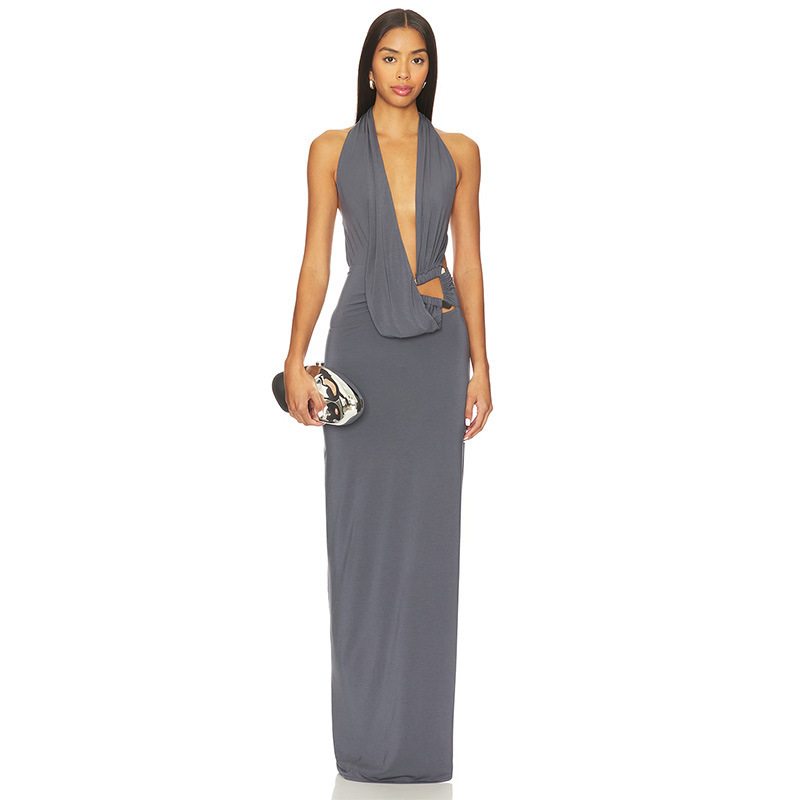 New Foreign Trade Women's Fashion Triangle Buckle Backless Elastic Strap Evening Dress Slim Fit Halter V-Neck Long Dress for Women