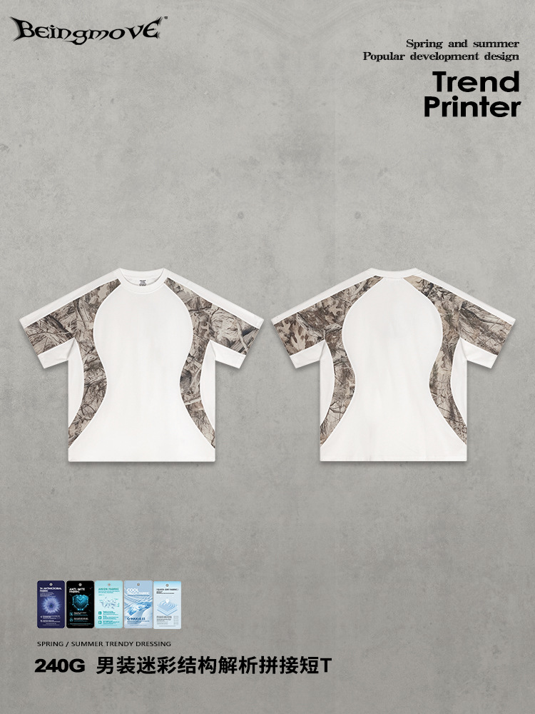 Calle secada| Verano marca de moda americana retro empalme impresión de transferencia de calor camuflaje de manga corta camiseta deportiva de secado rápido chaqueta hombre