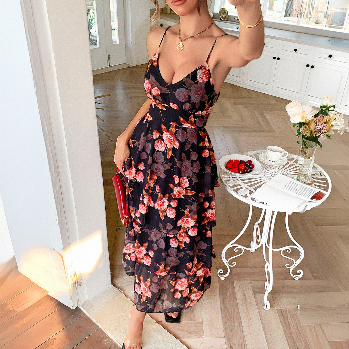 Women's Floral Summer Resort Casual Strappy Maxi Dress