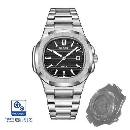 Kingston Brand Fake Mechanical Watch Men's Fashion Steel Band Calendar Luminous Skeleton Transparent Quartz Watch Wholesale